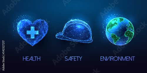 Concept of Health Safety Environment in futuristic glowing low polygonal style on blue background