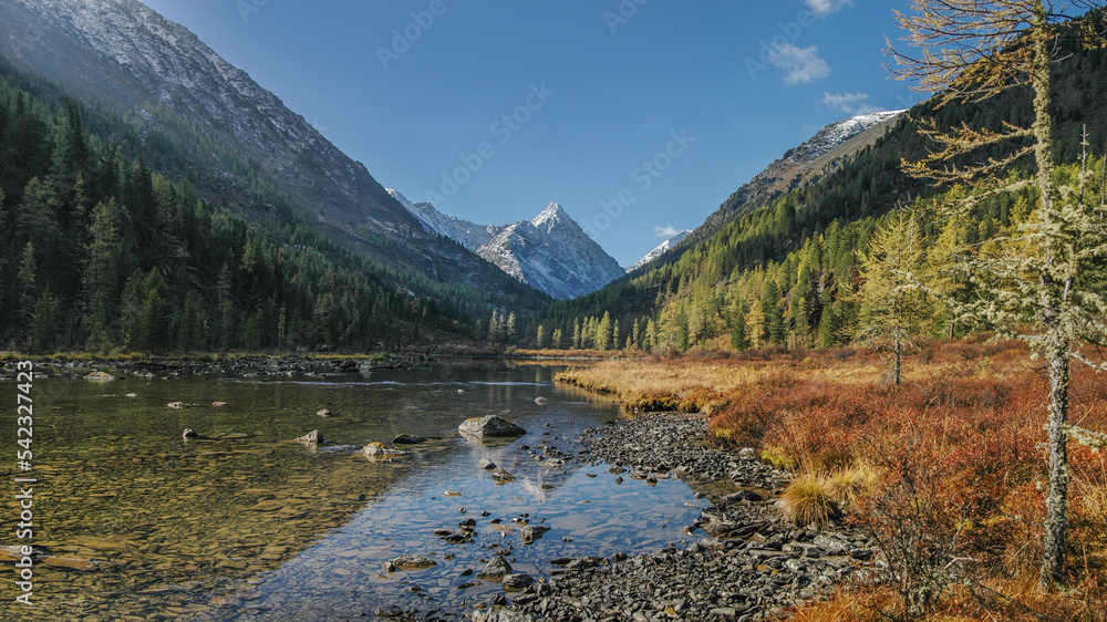 Small mountain lake, autumn nature, rocky bottom