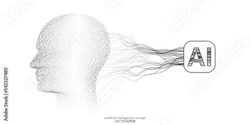 Vector illustration human head black dot particles and neural network wavy line isolated on black background in concept of A.I. artificial intelligence technology, machine learning, neuroscience