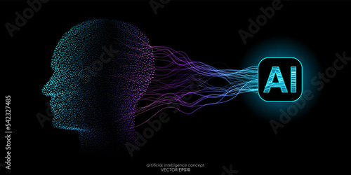Vector illustration human head dot particles blue light and neural network wavy line isolated on black background in concept of A.I. artificial intelligence technology, machine learning, neuroscience