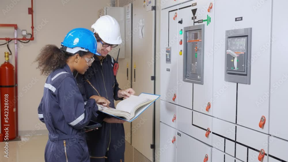 Electrical young woman and man engineer examining maintenance cabinet system electric and looking manual book in the control room at factory, technician or electrician inspection power distribution. Electrical young woman and man engineer examining maintenance cabinet system electric and looking manual book in the control room at factory, technician or electrician inspection power distribution.