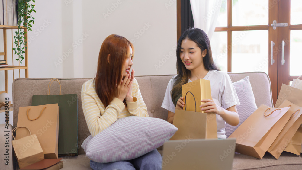 Activity at home concept, LGBT lesbian female shocked face while receiving gift box from girlfriend Activity at home concept, LGBT lesbian female shocked face while receiving gift box from girlfriend