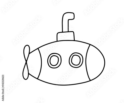 Outline retro submarine bathyscaphe. Childish vector illustration isolated on white background
