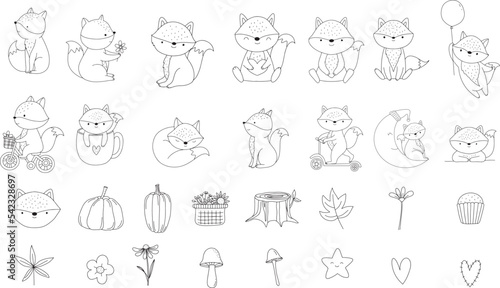  Fox cartoon character Big set outline hand drawn style, for printing,card, t shirt,banner,product.vector illustration