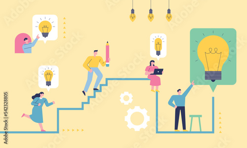 People who come up with ideas through steps and processes. flat vector illustration.
