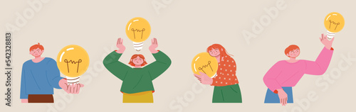 People holding large light bulbs in their hands and making various gestures. flat vector illustration.
