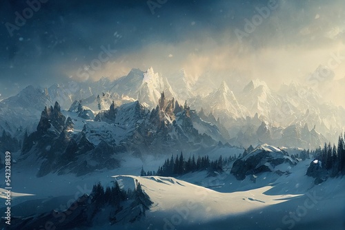 Print op canvas Winter snow covered mountains, mountaineering, extreme sport, exploring the worl