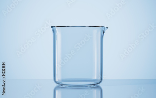 Empty beaker on the desk in the lab, 3d rendering.