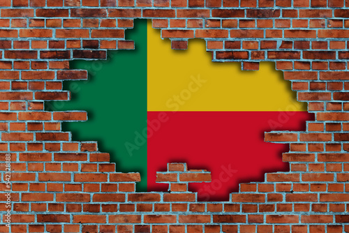 3D Flag of Benin behind the broken old stone wall background.