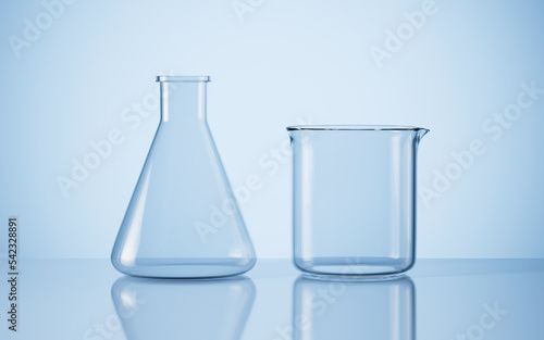Empty conical flask and beaker on the desk in the lab, 3d rendering.