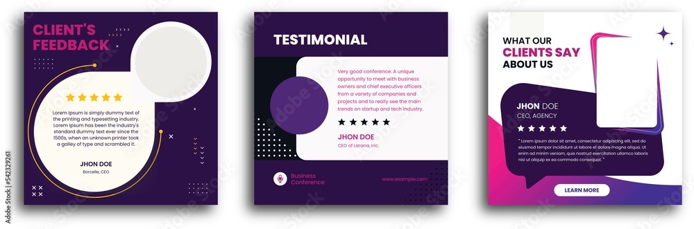 Modern and creative client testimonial social media post design. Customer service feedback review social media post or web banner with color variation - obrazy, fototapety, plakaty 