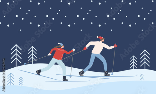 A man and a woman go cross-country skiing in the woods. vector illustration