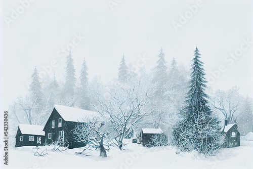 Landscape graphic design of the village on winter season with the snow falling and snow field and Christmas tree. Poster card cover wallpaper background. © roeum