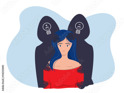 woman fear and crying with imaginary ghosts flying around her Mental disorder and diseases, psychopath or schizophrenic person. Vector in flat style