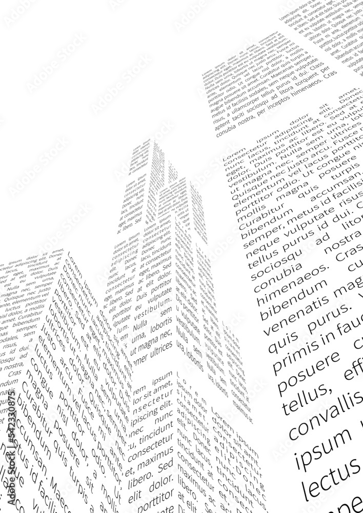 Obraz premium Skyscrapers wall with text. Vector illustration of an urban landscape of skyscrapers with facades made of newspaper pages. Sketch for creativity.