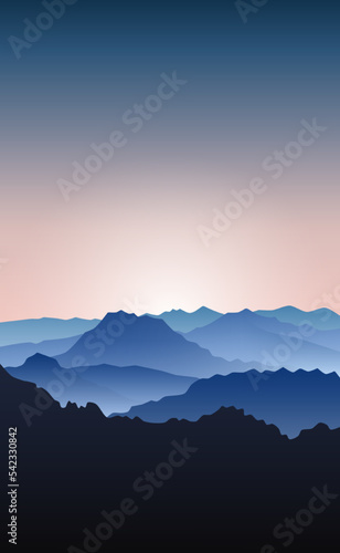 Mountain landscape in the early morning. Vector illustration of dawn in the mountains shrouded in mist. Sketch for creativity.
