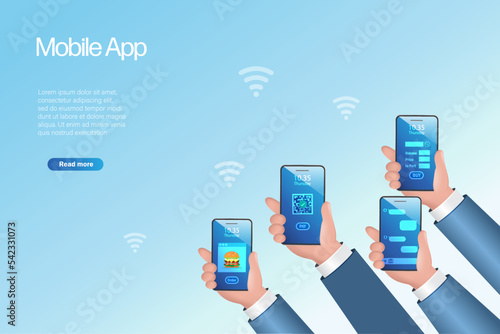 Businessmen hands holding smartphone with mobile app in social media, banking, investment and order foods delivery with wifi symbol. Mobile application wireless technology.