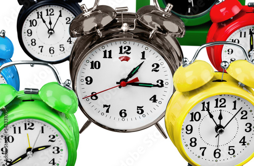 Retro alarm clocks on table background