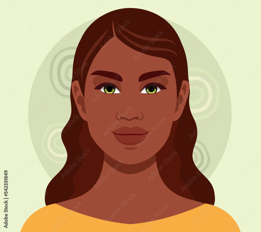 Beauty portrait of African American woman with clean healthy skin on green background, a Self-confident young woman with brown skin, portrait from the front view.
