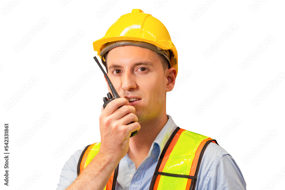 Foreman in hardhat safety vest with Two-Way radio working in logistics center, Warehouse worker man working in factory warehouse industry and using radio talking communication Foreman in hardhat safety vest with Two-Way radio working in logistics center, Warehouse worker man working in factory warehouse industry and using radio talking communication