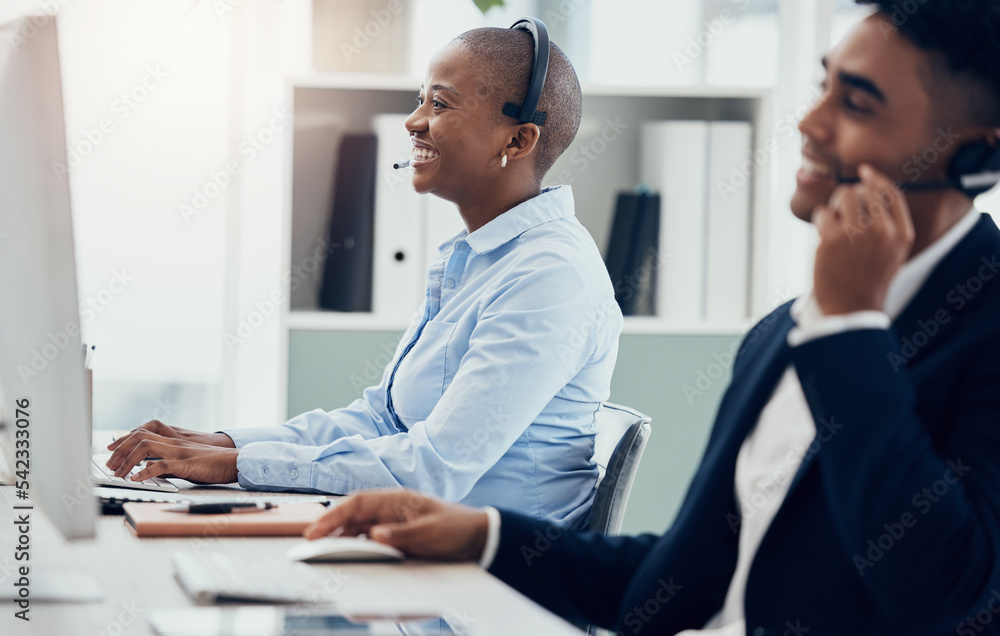 Obraz premium Contact us, call center and happy employee working in office customer service, customer support and telemarketing sales. Crm consultant, diversity and friendly, happy and online help by man and woman