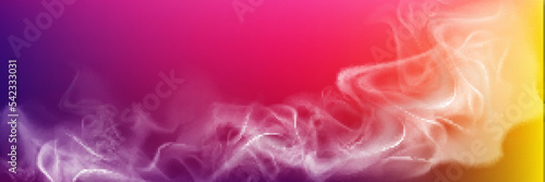 Realistic smoke on abstract colored background. White fog or fume wave in neon purple, pink and yellow light, aroma steam, vapor, template for banner, hookah bar ads, Vector illustration