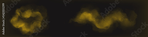 Set of yellow dust clouds isolated on black background. Magic fairy or flower pollen sparkling. Golden mist or smoke flying in air, creating Christmas mystery atmosphere. Realistic vector illustration photo