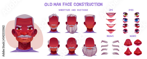 Old man face animation constructor, elderly black male character cartoon creation set with various hairstyles, eyes, noses, lips, eyebrows, beards or mustaches, aged african personage, vector kit