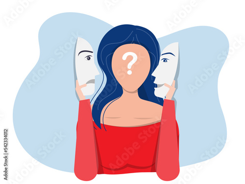 Imposter syndrome; masks with happy or sad expressions.Bipolar disorder; fake faces and emotions. Psychology; false behavior or deceiver.vector illustrator