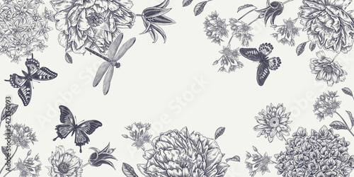 Floral Frame. Peonies, Butterflies and Dragonfly. Wedding Decoration.