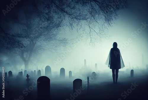 The ghost of a girl in an old cemetery covered in fog. Realistic digital illustration. Fantastic Background. Concept Art. CG Artwork.