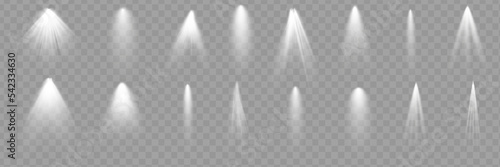 Light effect set. Glow isolated white transparent light effect set, lens flare, explosion, glitter, dust, line, sun flash, spark and stars, spotlight, curve twirl.