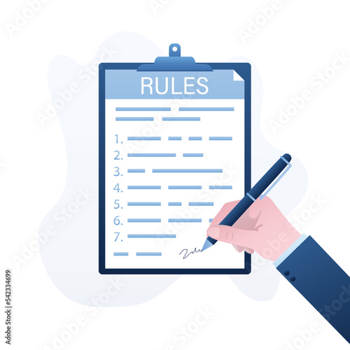 Rules for employees or users. Paper document on pad, agreement. Hand uses pen and signs terms and conditions, business contract. Design isolated on white background. F
