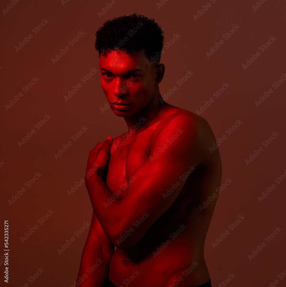 Foto de Sexy, red light art and nude of a man model portrait looking