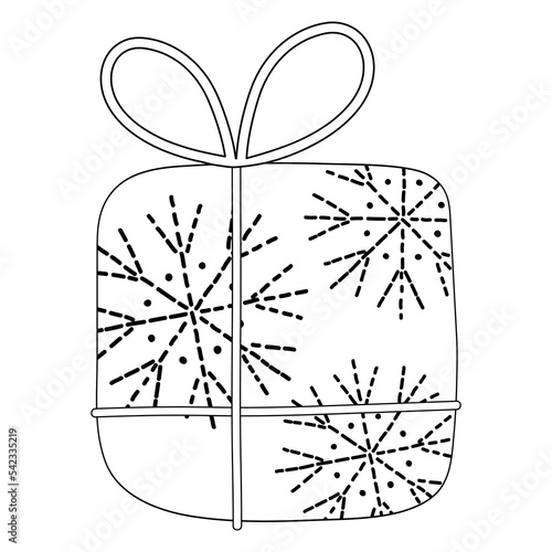 Coloring book, Box with a gift for christmas, new year, birthday. Black and white illustration for coloring. Development of children, education of preschoolers, schoolchildren. Task, game.