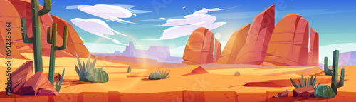 Desert of Africa or Wild West Arizona natural landscape. Cartoon panoramic background, game location with land cross section, yellow sand, cacti, rocks under blue sky with clouds, vector illustration