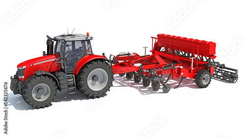 Tractor with Seed Drill farm equipment disc harrow 3D rendering on white background photo