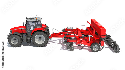 Foto Tractor with Seed Drill farm equipment disc harrow 3D rendering on white backgro