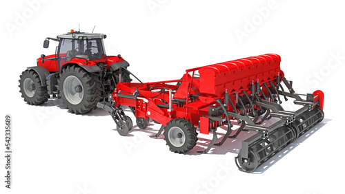 Tractor with Seed Drill farm equipment disc harrow 3D rendering on white background