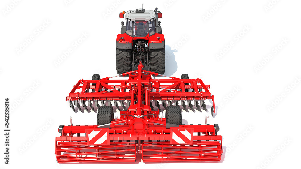 Naklejka premium Tractor with Seed Drill farm equipment disc harrow 3D rendering on white background