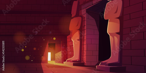Egypt temple or pyramid interior, tomb room with hieroglyphs on brick wall, stone statues at the entrance and soft sunlight with flying pecks of dust. Ancient Egyptian museum, Cartoon game background