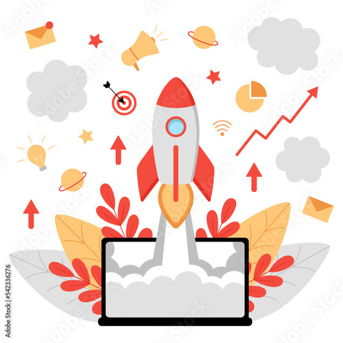 Product launch. Business start up, startup. Presentation of a commercial project. Search for investors, investment fund. The rocket flies from the laptop screen. New company. Entrepreneurship.