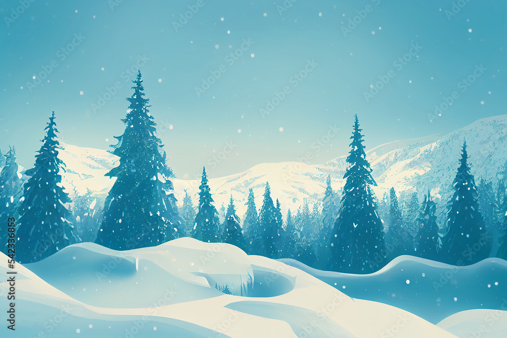 Landscape graphic design for winter season. snow field on the hill and Christmas tree forest. Poster card cover wallpaper background.