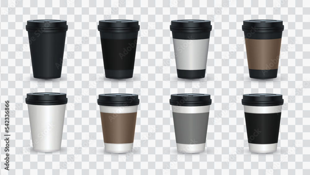 Coffee Cups on transparent background. Collection Coffee Cup Mockup. Vector Template Vector Realistic Disposable Closed Paper, Plastic Isolated on Transparent Background. Design Template, Coffee Cups on transparent background. Collection Coffee Cup Mockup. Vector Template Vector Realistic Disposable Closed Paper, Plastic Isolated on Transparent Background. Design Template,