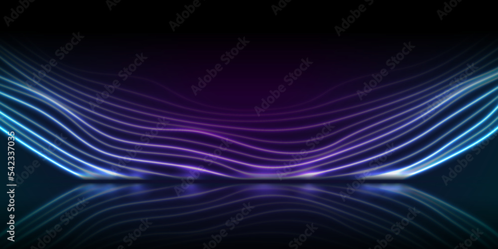 Blue ultraviolet neon waves with reflection. Abstract shiny technology retro background. Futuristic glowing vector design Blue ultraviolet neon waves with reflection. Abstract shiny technology retro background. Futuristic glowing vector design