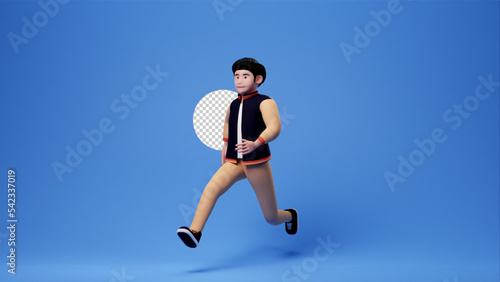 Casual man cartoon character running gesture, 3d render blue backdrop