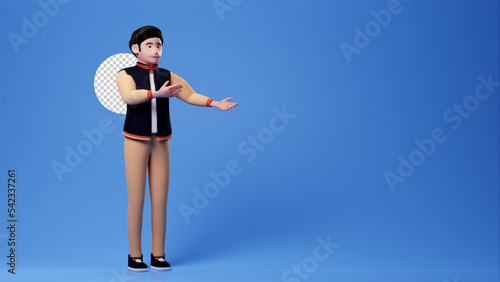 Casual man  cartoon character presentation gesture facing slightly left , 3d render blue backdrop