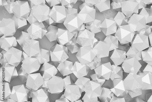 Polygons with glittering triangle faces, abstract business illustration, black and white background, 3D rendering