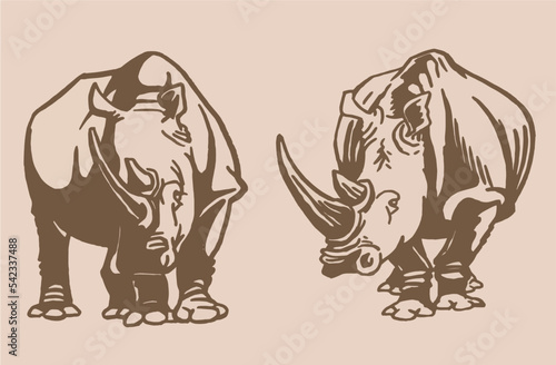 Vector set of rhinoceroses . Stylish vintage print elements, savanna habitant on sepia background