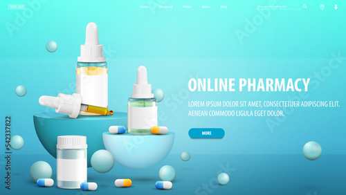 Online pharmacy, blue banner for website with semicircular pedestals with medications and bouncing spheres around.